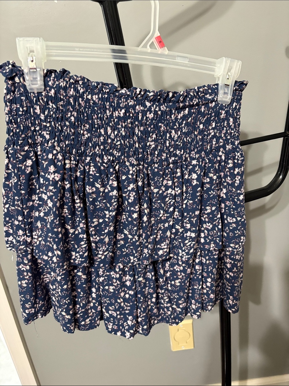 Wallflower Navy Floral Smocked Tiered Mini Skirt with Pink Accents